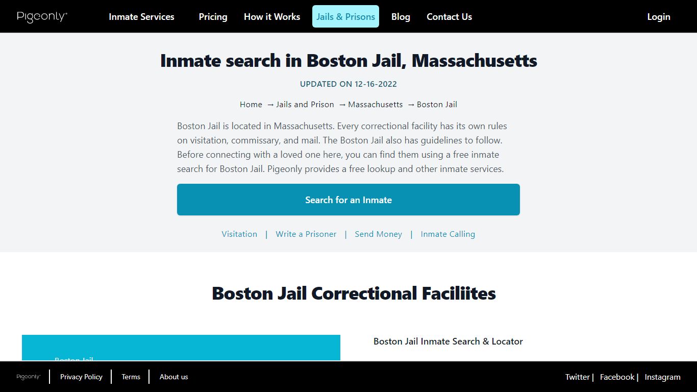 Inmate Search Boston Jail, Massachusetts | Pigeonly